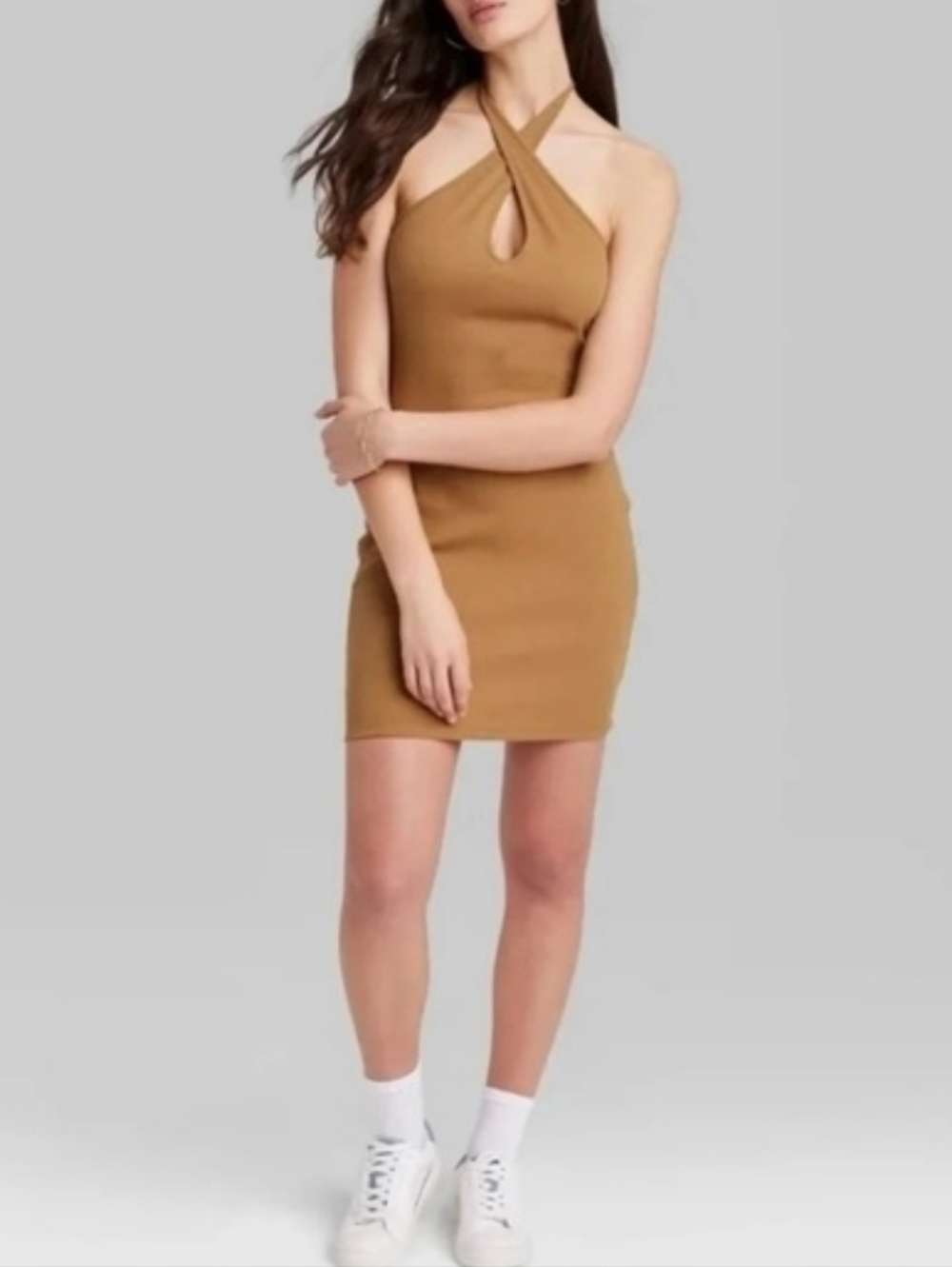 NWT Wild Fable Ribbed Halter Dress  Convertible Straps - Cognac Tan Brown